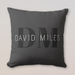 Modern Dark Grey &amp; Black Editable Name &amp; Monogram Throw Pillow