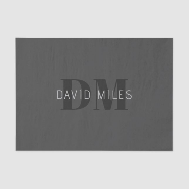 Modern Dark Grey & Black Editable Name & Monogram Tissue Paper (Front)