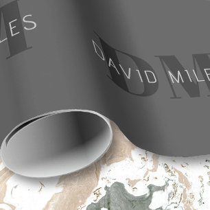 Modern Dark Grey & Black Editable Name & Monogram Wrapping Paper