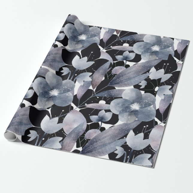 Modern dark grey black white floral wrapping paper (Unrolled)