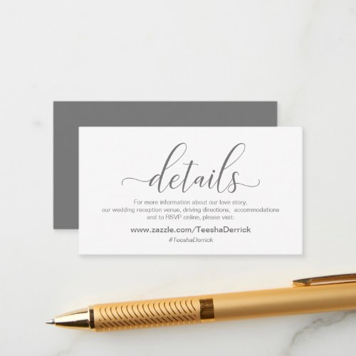 Modern Dark Grey calligraphy Wedding Details Enclosure Card