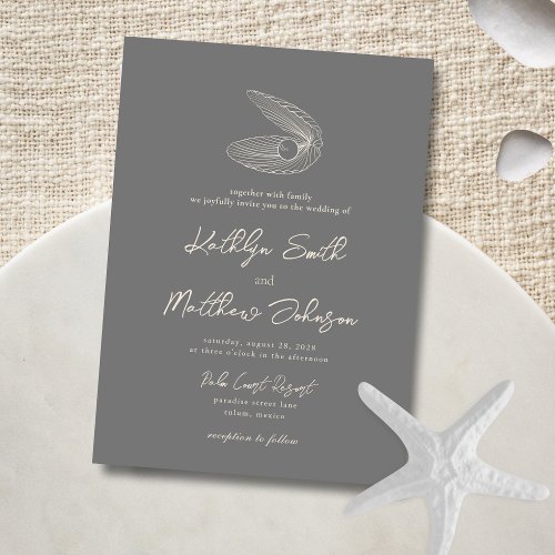 Modern Dark Grey Shell Beach Destination Wedding Invitation