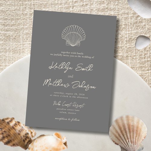 Modern Dark Grey Shell Beach Destination Wedding Invitation