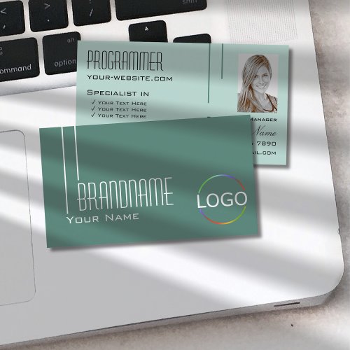 Modern Dark Light Teal with Logo and Photo Stylish Business Card