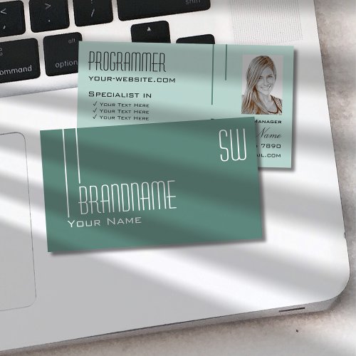 Modern Dark Light Teal with Monogram and Photo Business Card