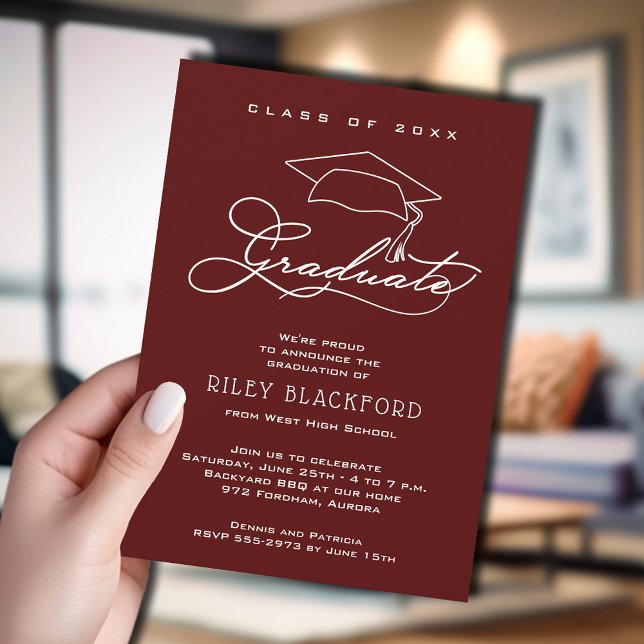 Modern Dark Maroon Graduation Announcement (Modern dark maroon graduation announcement cards feature your details in chic white lettering.)
