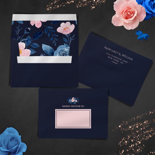 Modern Dark Midnight Blue  Pink Floral Wedding Envelope
