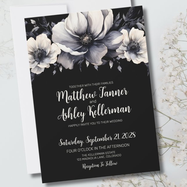 Modern Dark Moody Black Floral Wedding Invitation (Chic Trendy Modern Black White Floral Wedding Invitation)