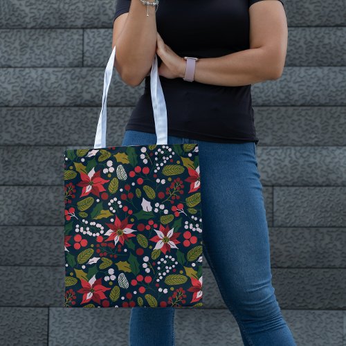 Modern Dark Moody Blue Red Poinsettia Pattern Tote Bag