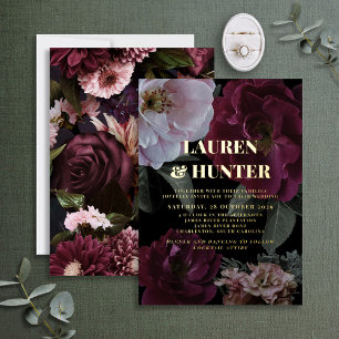Modern Dark Moody Burgundy Floral Wedding Gold Foil Invitation