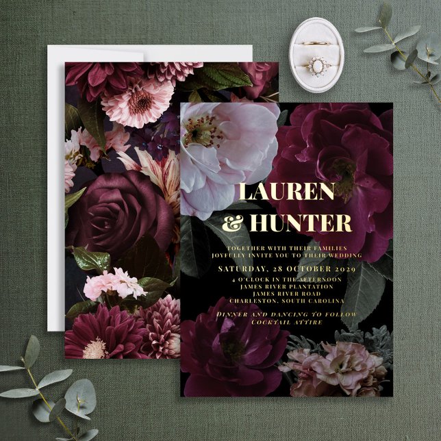 Modern Dark Moody Burgundy Floral Wedding Gold Foil Invitation (Creator Uploaded)