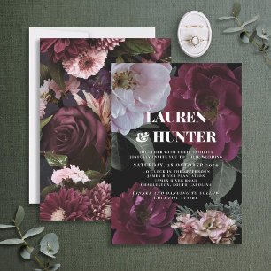 Modern Dark Moody Burgundy Pink Floral Wedding Inv Invitation