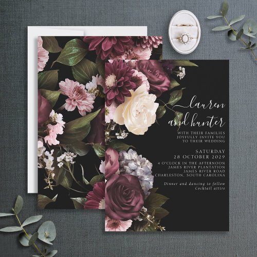 Modern Dark Moody Burgundy Script Floral Wedding I Invitation