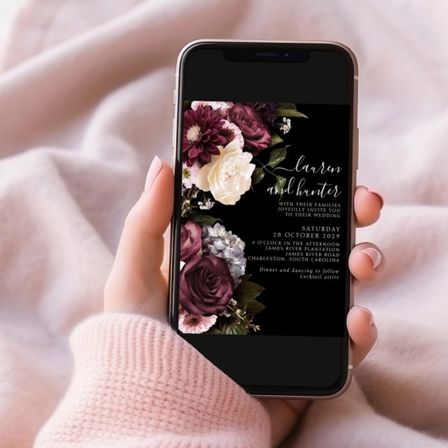 Modern Dark Moody Burgundy Script Floral Wedding I Invitation (Creator Uploaded)