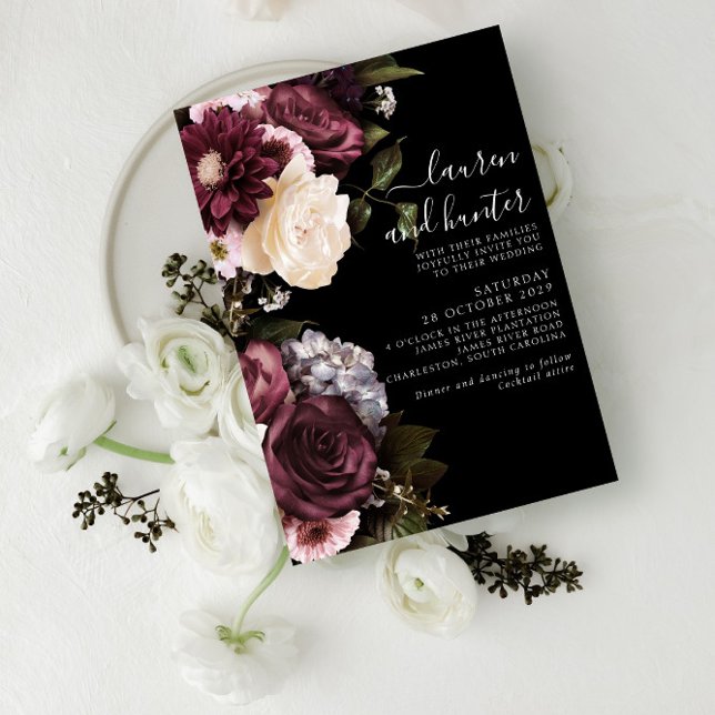 Modern Dark Moody Burgundy Script Floral Wedding I Invitation (Creator Uploaded)