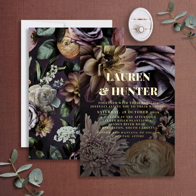 Modern Dark Moody Purple Botanical Wedding Gold Foil Invitation (Creator Uploaded)