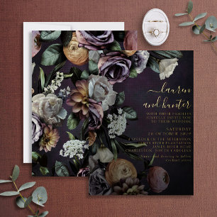 Modern Dark Moody Purple Floral Wedding Gold Foil Invitation