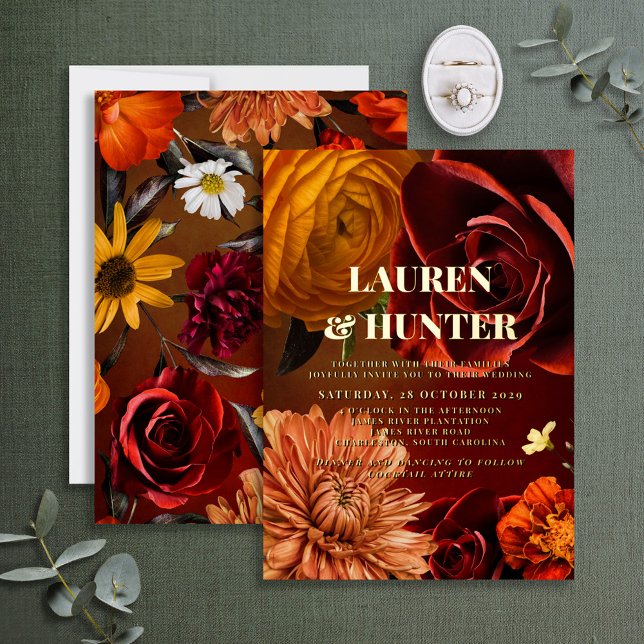 Modern Dark Moody Sunset Floral Wedding Gold Foil Invitation (Creator Uploaded)