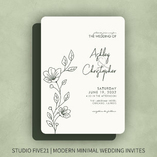 Modern Dark Moss Green Foliage Outline Wedding Invitation