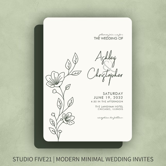 Modern Dark Moss Green Foliage Outline Wedding Invitation (Creator Uploaded)
