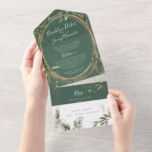 Modern Dark Moss Sage Greenery Eucalyptus Wedding All In One Invitation