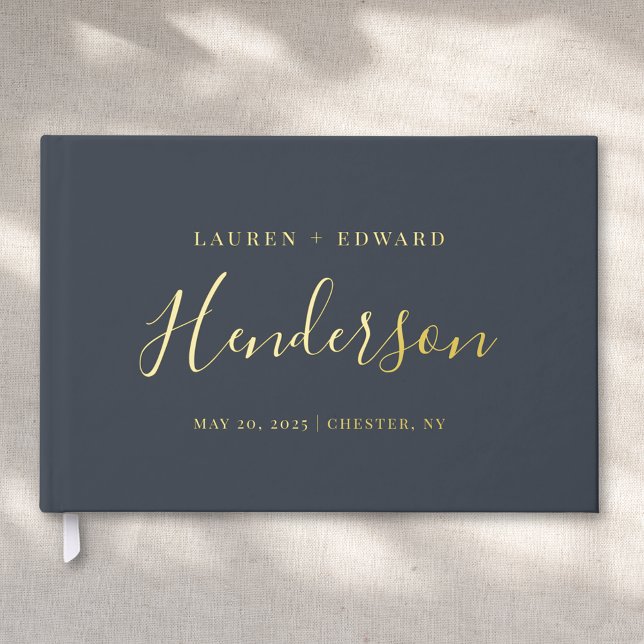 Modern Dark Navy and Gold Family Name Wedding Foil Guest Book (Creator Uploaded)