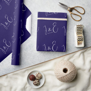 Modern Dark Navy Initials Monograms Wedding Date Wrapping Paper