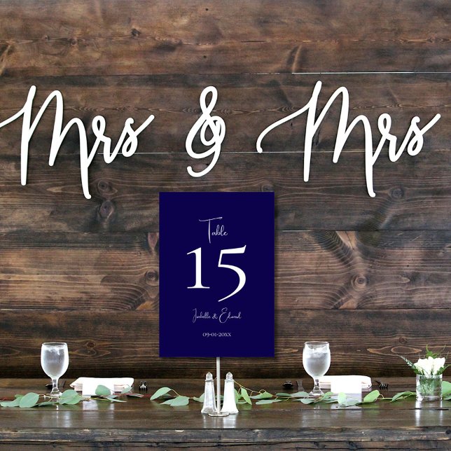 Modern Dark Navy  White Script Wedding Reception  Table Number (Creator Uploaded)