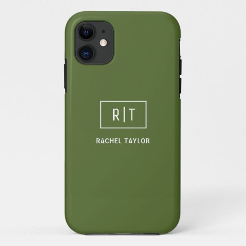 Modern Dark Olive Green Monogram iPhone 11 Case