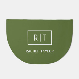 Modern Dark Olive Green Monogram Doormat