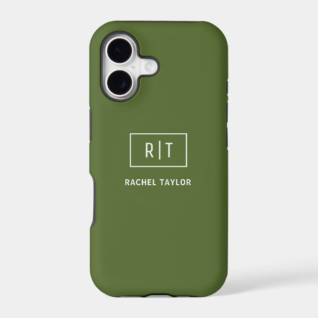 Modern Dark Olive Green Monogram Iphone Case (Back)
