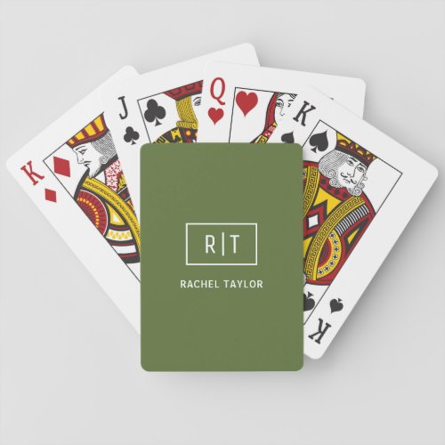 Modern Dark Olive Green Monogram Playing Cards