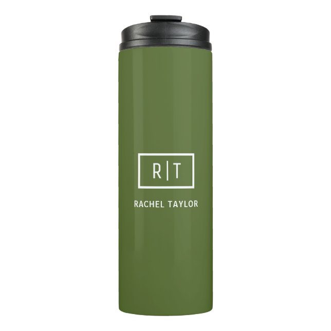 Modern Dark Olive Green Monogram Thermal Tumbler (Front)