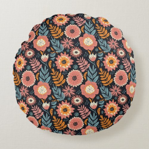  Modern dark personalized botanic Floral Pattern  Round Pillow