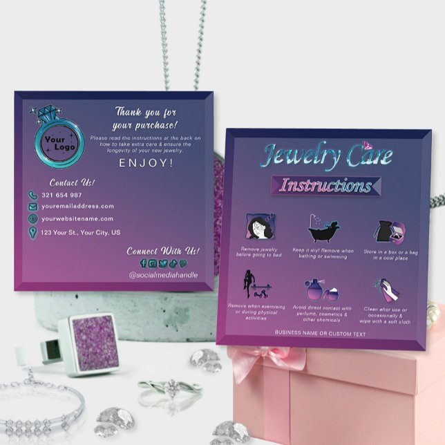 Modern Dark Pink Blue Gradient Jewelry Care Guide Enclosure Card (Creator Uploaded)