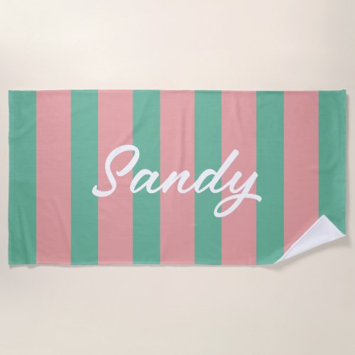 Modern dark pink &green custom name beach towel