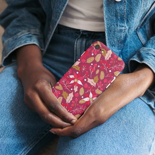 Modern Dark Pink Red Poinsettia Folk Pattern iPhone 11 Case