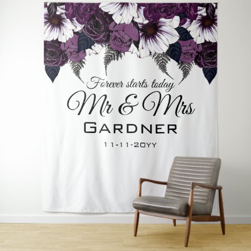 Modern Dark Plum and White Floral Wedding Tapestry