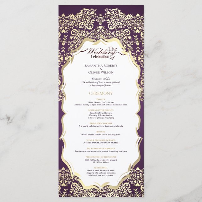 Modern Dark Purple and Gold Damask Wedding Program (Front)