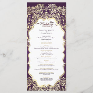 Modern Dark Purple and Gold Damask Wedding Program