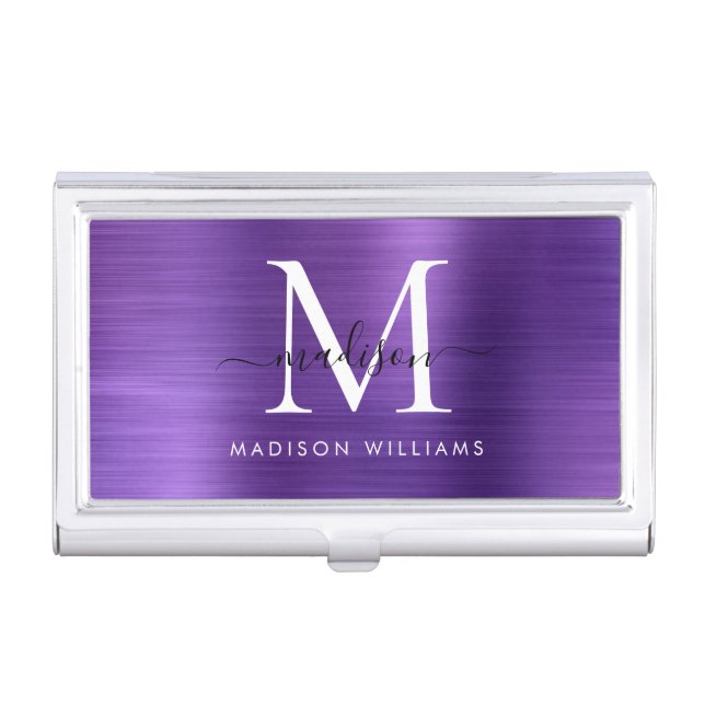 Modern Dark Purple Brushed Metal Monogram Script Business Card Case (Front)