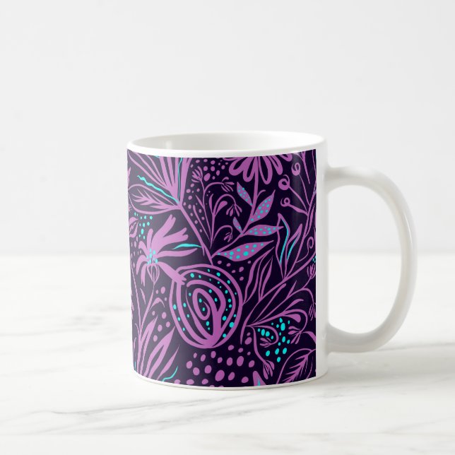 Modern Dark Purple Floral Pattern Coffee Mug (Right)
