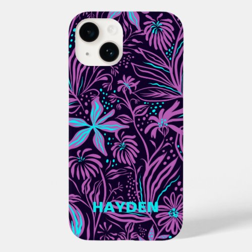 Modern Dark Purple Floral Pattern Personalised Case_Mate iPhone 14 Case