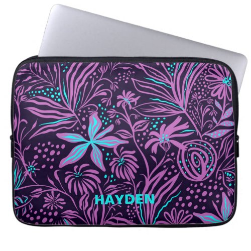 Modern Dark Purple Floral Pattern Personalised Laptop Sleeve