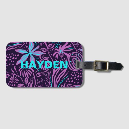 Modern Dark Purple Floral Pattern Personalised Luggage Tag