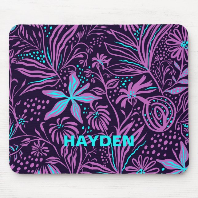 Modern Dark Purple Floral Pattern Personalised Mouse Pad (Front)