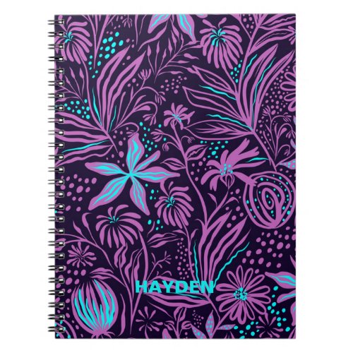 Modern Dark Purple Floral Pattern Personalised Notebook