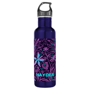Modern Dark Purple Floral Pattern Personalised Stainless Steel Water Bottle