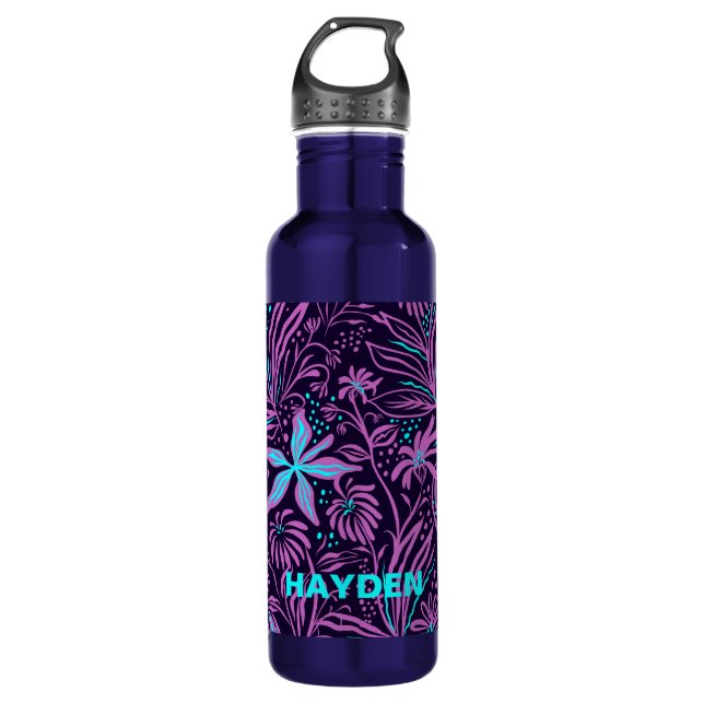 Modern Dark Purple Floral Pattern Personalised Stainless Steel Water Bottle (Front)