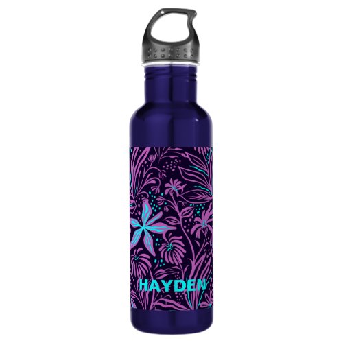 Modern Dark Purple Floral Pattern Personalised Stainless Steel Water Bottle